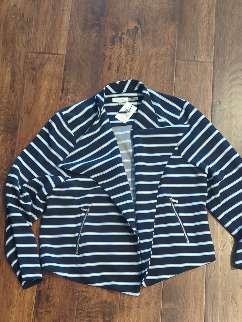 Calvin Klein Navy & White Striped Open-Front Blazer, NWT. 1x